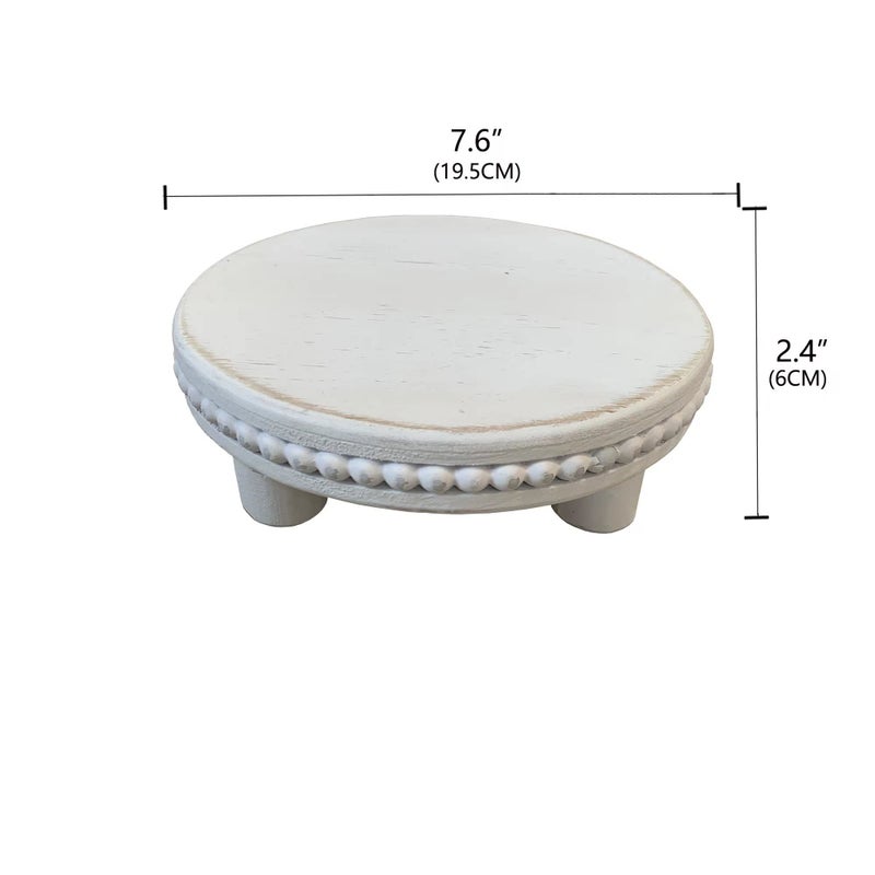dwellington Farmhouse Beaded Wood Pedestal Tray Decor, 7.6    Round Vintage Display Stand, Decorative Accent Display Riser for Farmhouse Kitchen, Bathroom (White) - Image 2